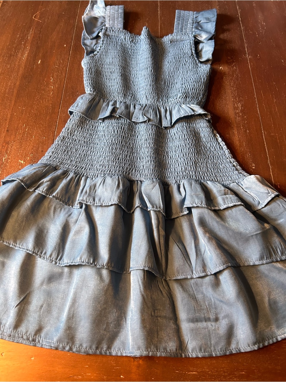 Smocked Ruffle Tiered Girls Dress in Dusty Blue